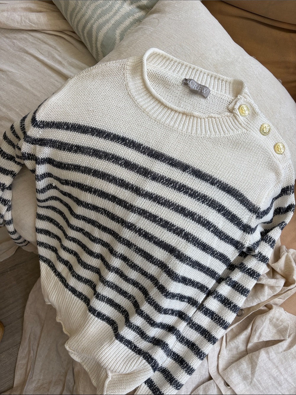 J Crew linen cotton Cream & Black Striped Button-Shoulder Sweater